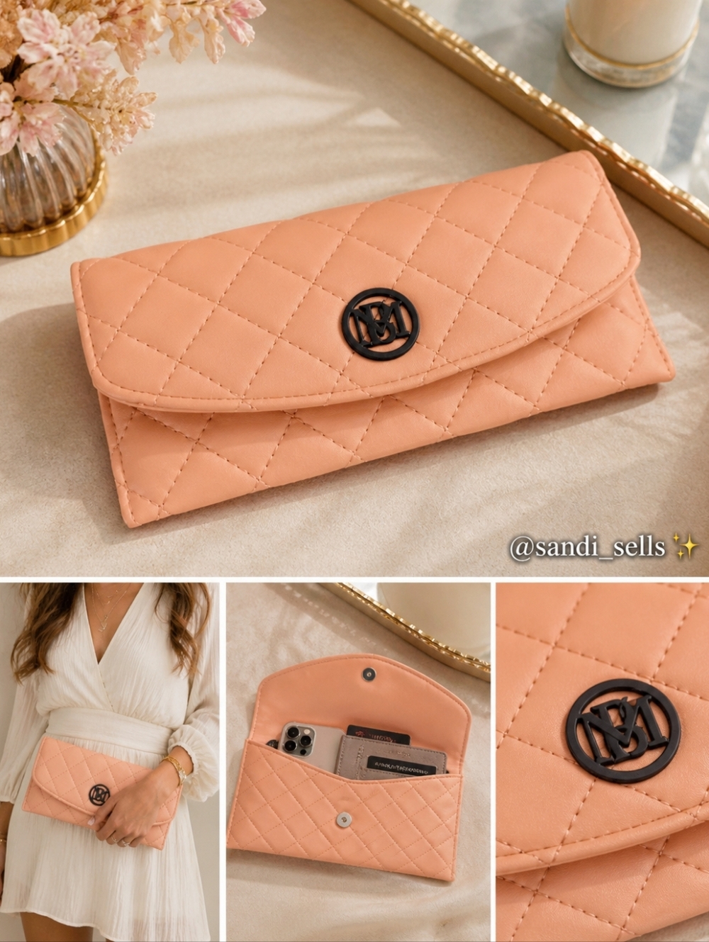 Designer Quilted Peach Clutch with Matte Black Logo Accent